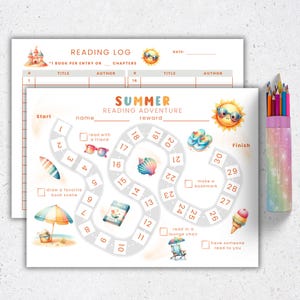 Puede incluir: Dos registros de lectura estilo acuarela. Uno es un registro de lectura con espacios para t&iacute;tulo y autor. El otro es un juego de aventura de lectura con tem&aacute;tica de verano con un camino, ilustraciones y el texto "Summer Reading Adventure". Un paquete de l&aacute;pices de colores est&aacute; a la derecha.