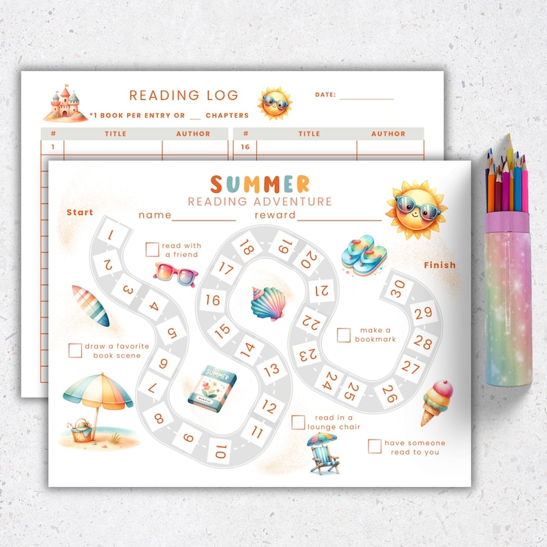 Puede incluir: Dos registros de lectura estilo acuarela. Uno es un registro de lectura con espacios para t&iacute;tulo y autor. El otro es un juego de aventura de lectura con tem&aacute;tica de verano con un camino, ilustraciones y el texto "Summer Reading Adventure". Un paquete de l&aacute;pices de colores est&aacute; a la derecha.
