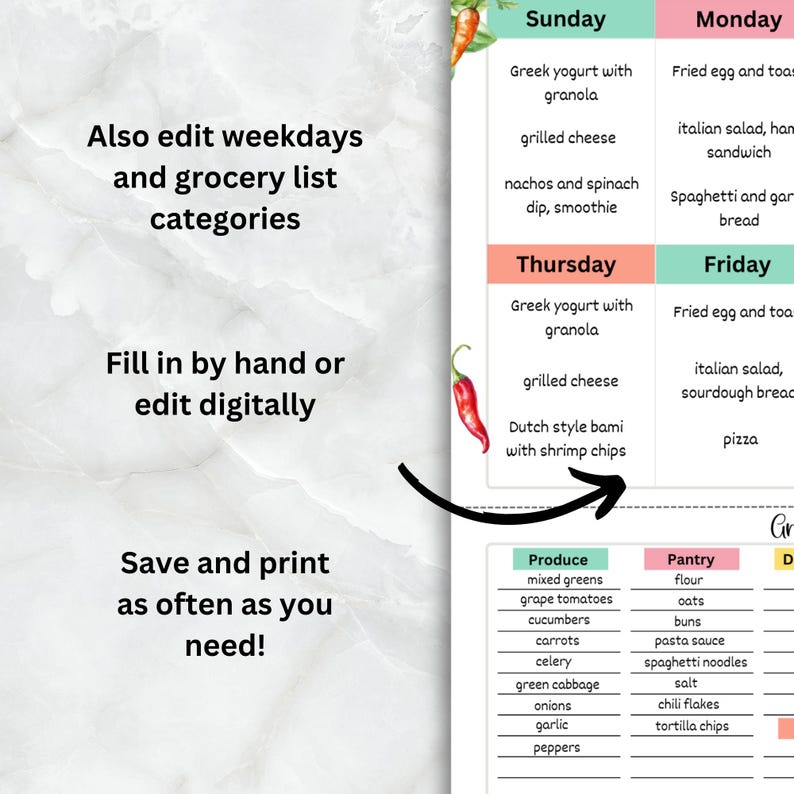 Op de afbeelding: Een printbare wekelijkse maaltijdplanner met een boodschappenlijst. De planner bevat een lijst met maaltijden voor elke dag van de week, inclusief zondag, maandag, donderdag en vrijdag. De boodschappenlijst is onderverdeeld in categorie&euml;n: Producten, Voorraadkast en Granen.