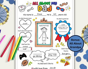 All About My Dad Questionnaire Printable, Father’s Day Coloring Page, Kids Activity Gift, DIY Dad Interview Sheet, Instant Download PDF
