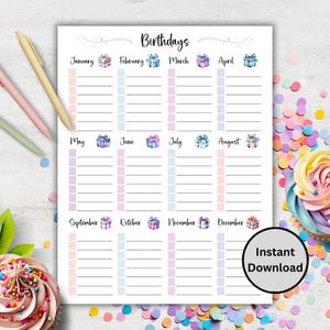 May include: Printable birthday tracker with a white background and colourful gift boxes for each month of the year. The text "Birthdays" is at the top of the page. The text "Instant Download" is at the bottom of the page.
