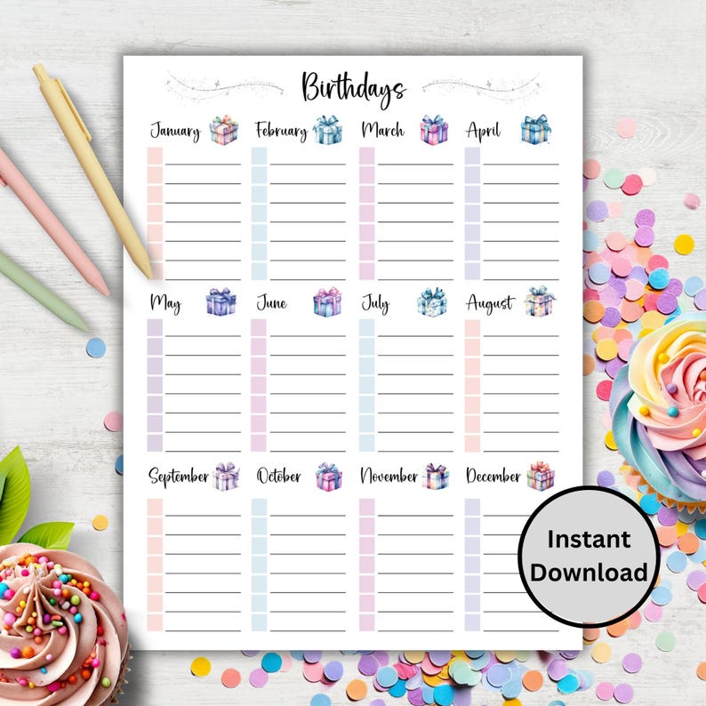 Birthday Tracker Printable, Colorful Birthday Calendar Editable ...