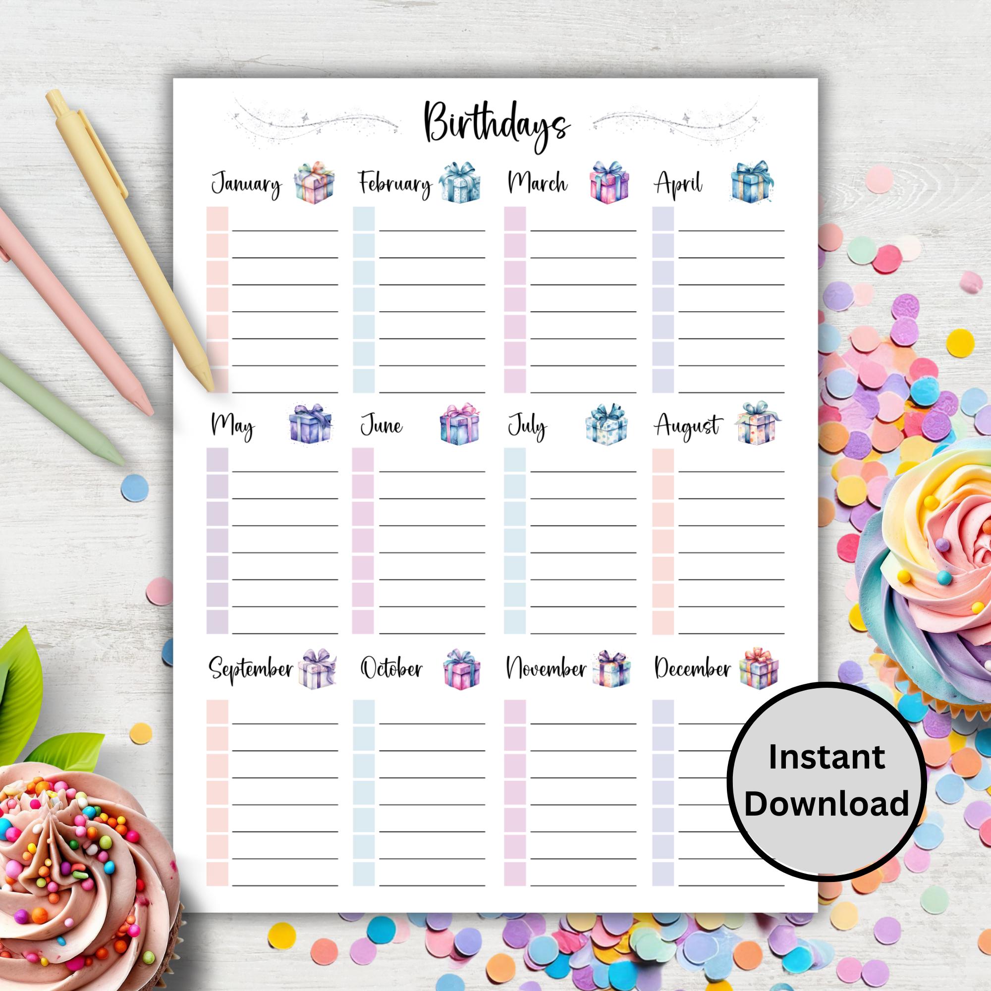 Birthday Tracker Printable, Colorful Birthday Calendar Editable