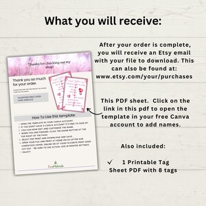 Op de afbeelding: Printbare Valentijnsdagkaart sjabloon met een roze en wit bloemenontwerp. De sjabloon bevat een Bijbelvers en instructies over het gebruik van de sjabloon in Canva. De afbeelding toont ook een vel met 8 printbare labels.