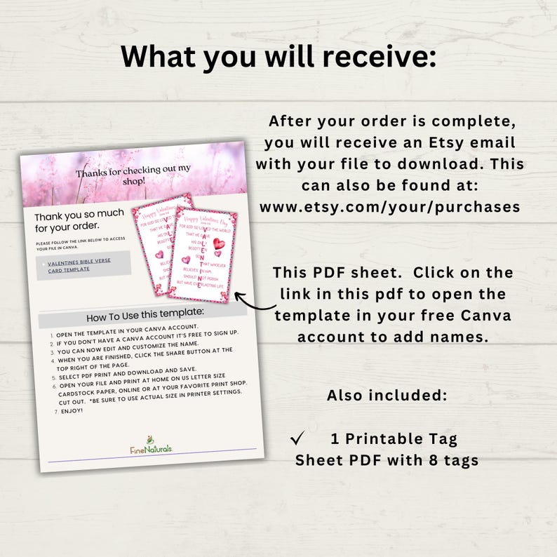 Op de afbeelding: Printbare Valentijnsdagkaart sjabloon met een roze en wit bloemenontwerp. De sjabloon bevat een Bijbelvers en instructies over het gebruik van de sjabloon in Canva. De afbeelding toont ook een vel met 8 printbare labels.