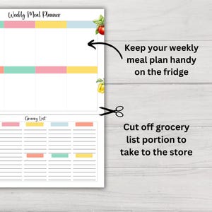 Op de afbeelding: Een printbare wekelijkse maaltijdplanner en boodschappenlijst met een kleurrijk ontwerp. De planner heeft secties voor elke dag van de week en een sectie voor de boodschappenlijst. De tekst "Weekly Meal Planner" en "Grocery List" staat op de pagina gedrukt.