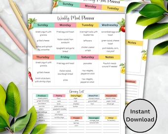 Weekly Meal Planner Editable, Grocery List Printable, Colorful Shopping List Template, Family Menu Planner, Food Journal Meal Tracker