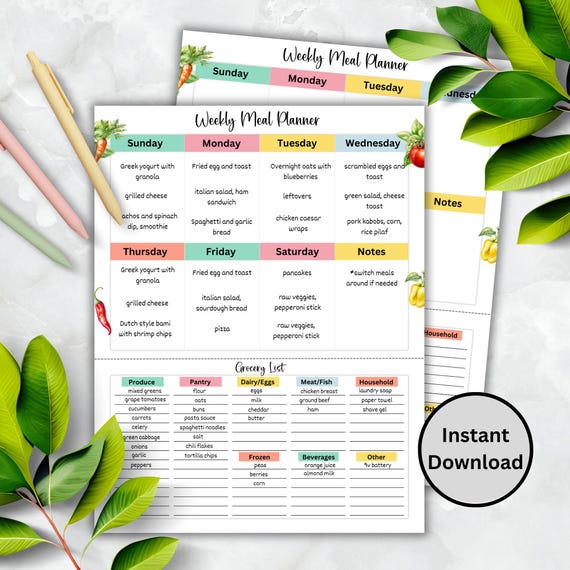 Weekly Meal Planner Editable, Grocery List Printable, Colorful Shopping List Template, Family Menu Planner, Food Journal Meal Tracker