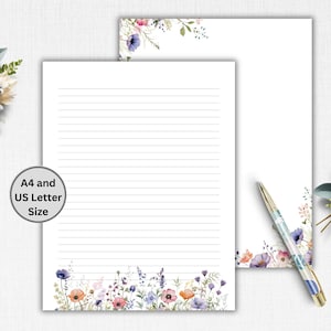 Wildflower Printable Stationary, Spring Floral Letter Writing Paper, Botanical Lined & Unlined Pages, Digital Download