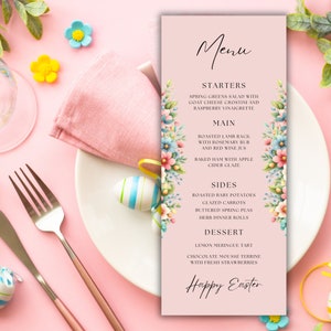 Oster-Abendessen-Menü-Vorlage, Blumen-Ostern-Menükarte bearbeitbar, elegantes Frühlings-Hochzeitsmenü, Restaurant-Menü zum Ausdrucken, Frühlings-Brautdusche