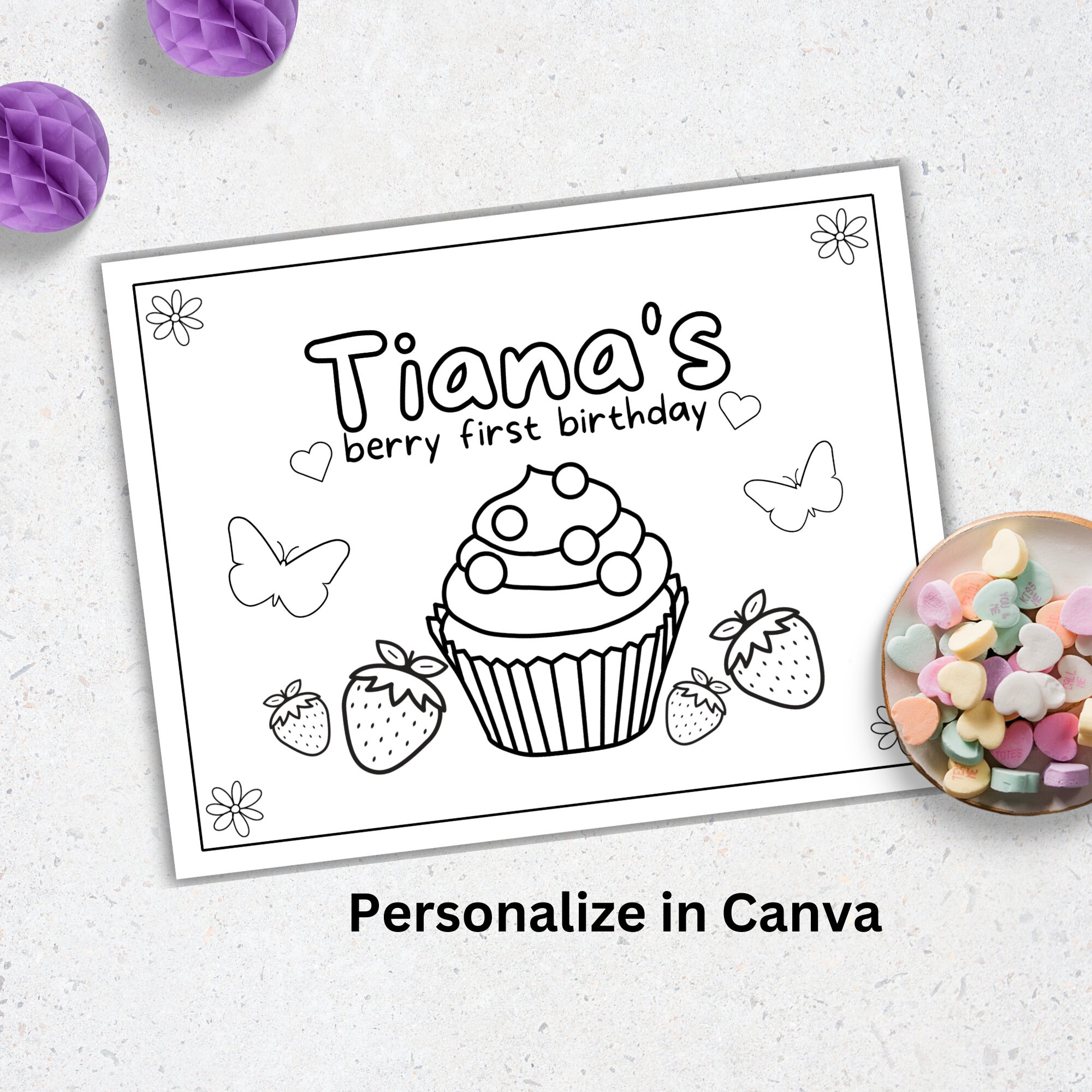 Berry First Birthday Coloring Page Editable, Strawberry Coloring Page ...