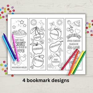 May include: Four black and white bookmark designs featuring fruit and the text "But the fruit of the Spirit is love, Galatians 5:22-23" and "Against such things there is no law".