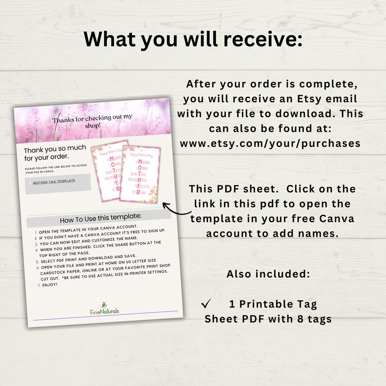 May include: Printable Mother's Day tag template with pink floral design. The template includes instructions on how to use the Canva app to customize the tag with a name. The image also shows a sheet of 8 printable tags.