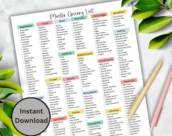 Grocery List Printable Colorful Grocery Shopping List, Master Grocery List, Grocery Checklist, Printable Grocery List Canva Template