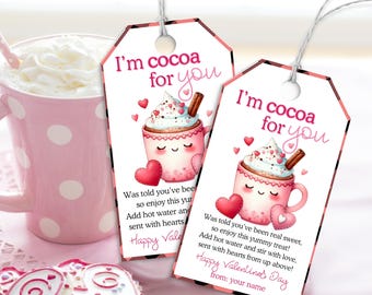 Afdrukbaar Valentijnskaartje met warme chocolademelk, label met warme chocolademelk voor Valentijn, chocoladeliefhebber DIY-traktatie, gunst voor kinderen in de klas, ik ben cacao voor jou