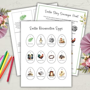 Búsqueda de huevos imprimible de Pascua, rellenos de huevos con las Sagradas Escrituras de Pascua, fichas de huevos de Pascua con la historia de la resurrección, actividad cristiana de Semana Santa