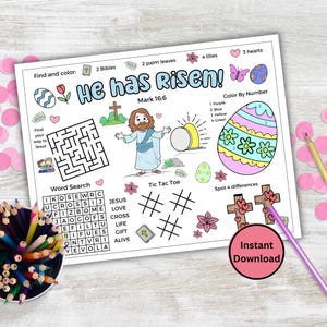 May include: A printable Easter activity sheet with a variety of games and activities for kids. The sheet features a color by number Easter egg, a word search, a tic-tac-toe game, a find your way to Jesus maze, and a spot the difference game. The sheet also includes the text "He has risen!" and "Mark 16:6".