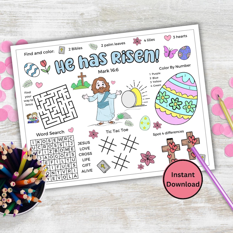 May include: A printable Easter activity sheet with a variety of games and activities for kids. The sheet features a color by number Easter egg, a word search, a tic-tac-toe game, a find your way to Jesus maze, and a spot the difference game. The sheet also includes the text "He has risen!" and "Mark 16:6".