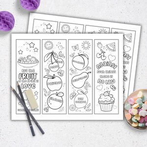 May include: Set of five black and white printable bookmarks featuring fruit illustrations and bible verses. The verses include "But the fruit of the Spirit is love", "Peace, Joy", "Goodness, Faithfulness", "Patience, Kindness", and "Against such things there is no law".