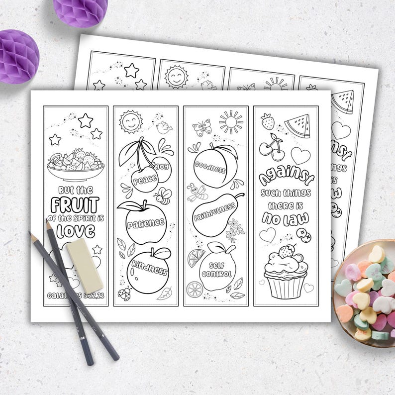 May include: Set of five black and white printable bookmarks featuring fruit illustrations and bible verses. The verses include "But the fruit of the Spirit is love", "Peace, Joy", "Goodness, Faithfulness", "Patience, Kindness", and "Against such things there is no law".