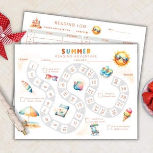 Może przedstawiać: Kolorowy dziennik czytania i gra przygodowa o tematyce letniej. Plansza do gry zawiera ilustracje sceny na plaży, okularów przeciwsłonecznych, muszli i lodu. Tekst zawiera "Summer Reading Adventure" i "Reading Log".
