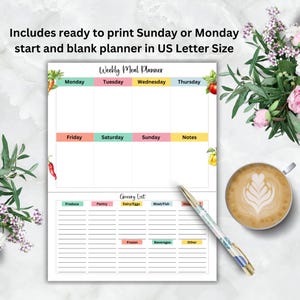 Op de afbeelding: Printbare wekelijkse maaltijdplanner met een boodschappenlijst. De planner heeft secties voor maandag tot en met zondag, notities, producten, voorraadkast, zuivel/eieren, vlees/vis, diepvries, dranken en andere.