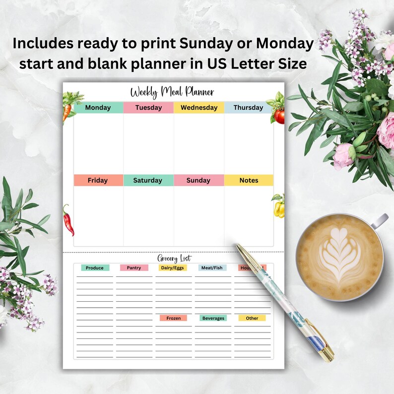 Op de afbeelding: Printbare wekelijkse maaltijdplanner met een boodschappenlijst. De planner heeft secties voor maandag tot en met zondag, notities, producten, voorraadkast, zuivel/eieren, vlees/vis, diepvries, dranken en andere.