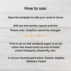 Pode incluir: Instru&ccedil;&otilde;es sobre como usar um modelo imprim&iacute;vel para criar cart&otilde;es no Canva. O texto explica como editar o modelo, imprimi-lo em papel cart&atilde;o 4x6 ou em folhas de tamanho carta dos EUA, e onde imprimi-lo.