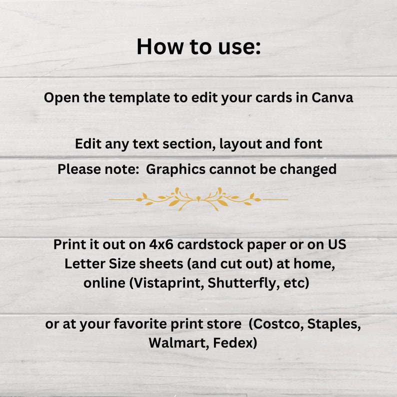 Pode incluir: Instru&ccedil;&otilde;es sobre como usar um modelo imprim&iacute;vel para criar cart&otilde;es no Canva. O texto explica como editar o modelo, imprimi-lo em papel cart&atilde;o 4x6 ou em folhas de tamanho carta dos EUA, e onde imprimi-lo.