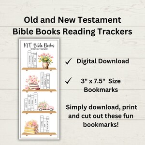 K&ouml;nnte beinhalten: Druckbare Lesezeichen f&uuml;r die Lekt&uuml;re der B&uuml;cher des Neuen Testaments der Bibel. Jedes Lesezeichen zeigt ein B&uuml;cherregal mit verschiedenen B&uuml;chern des Neuen Testaments, floralen Akzenten und einem niedlichen LKW. Die Lesezeichen sind 7,6 cm x 19 cm gro&szlig;.