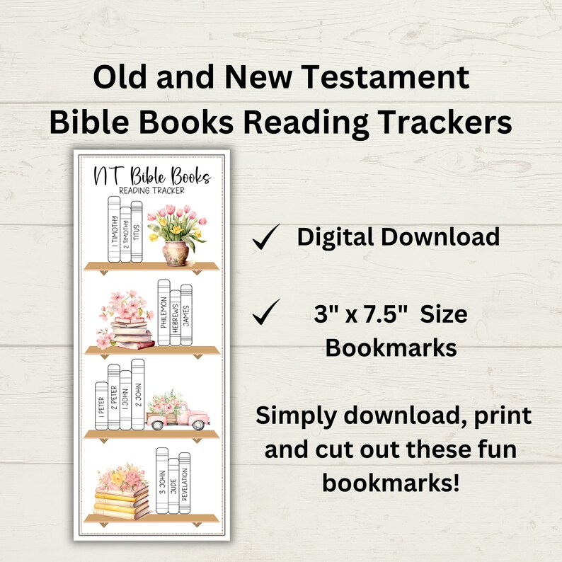 K&ouml;nnte beinhalten: Druckbare Lesezeichen f&uuml;r die Lekt&uuml;re der B&uuml;cher des Neuen Testaments der Bibel. Jedes Lesezeichen zeigt ein B&uuml;cherregal mit verschiedenen B&uuml;chern des Neuen Testaments, floralen Akzenten und einem niedlichen LKW. Die Lesezeichen sind 7,6 cm x 19 cm gro&szlig;.