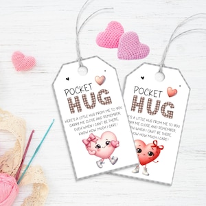 Etiqueta de regalo de abrazo de bolsillo, etiqueta de abrazo de bolsillo con forma de corazón de crochet para imprimir, tarjeta con poema de abrazo de bolsillo con apoyo emocional, regalo para niños con TDAH, ansiedad y preocupación