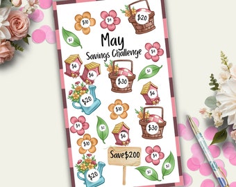 Op de afbeelding: Een printbare spaaruitdaging voor mei met een roze en witte geruite achtergrond. De uitdaging omvat verschillende afbeeldingen, waaronder bloemen, vogelhuisjes en manden. Het doel is om € 200 te sparen tegen het einde van mei.