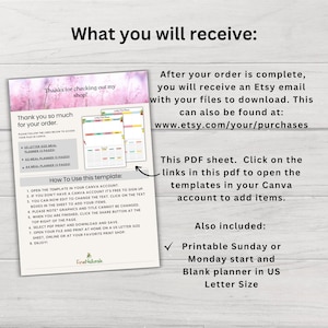 Op de afbeelding: Een digitale download voor een printbare maaltijdplanner-sjabloon in US Letter-formaat. De sjabloon is ontworpen om te worden gebruikt in Canva en bevat instructies over het gebruik van de sjabloon. De afbeelding toont ook een voorbeeld van de planner, die een kleurrijk ontwerp heeft met een bloemenpatroon.
