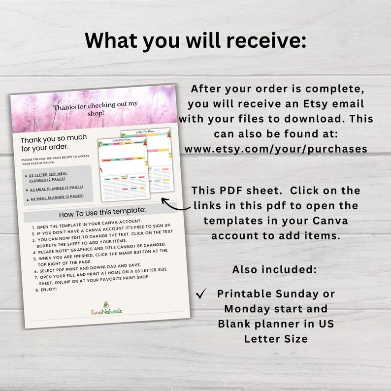 Op de afbeelding: Een digitale download voor een printbare maaltijdplanner-sjabloon in US Letter-formaat. De sjabloon is ontworpen om te worden gebruikt in Canva en bevat instructies over het gebruik van de sjabloon. De afbeelding toont ook een voorbeeld van de planner, die een kleurrijk ontwerp heeft met een bloemenpatroon.