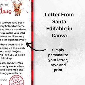 Peut inclure: Un fond rouge et blanc &agrave; carreaux avec un rectangle blanc au centre. Le rectangle contient du texte qui dit "Lettre du P&egrave;re No&euml;l &Eacute;ditable dans Canva" et "Personnalisez simplement votre lettre, enregistrez et imprimez". Une illustration de renne rouge se trouve dans le coin sup&eacute;rieur gauche de l'image.