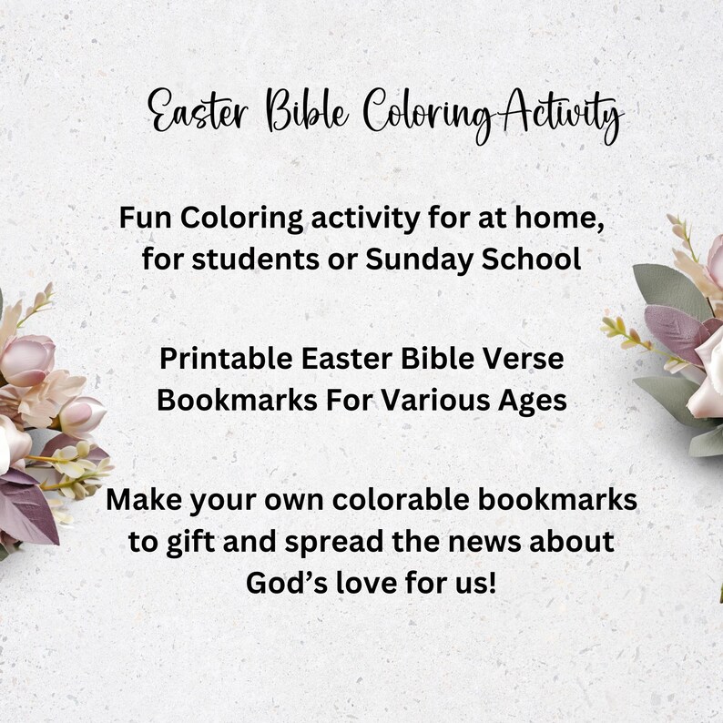 May include: Printable Easter Bible verse bookmarks for coloring.  These bookmarks are perfect for kids of all ages and can be used at home or in Sunday school.  Make your own colorable bookmarks to gift and spread the news about God's love for us!