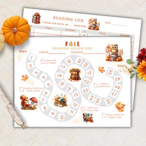 May include: A fall-themed reading log and adventure game board. The game board features a path with illustrations of a squirrel, books, and an owl. The reading log has spaces for title and author. A pen and pumpkins are in the background.