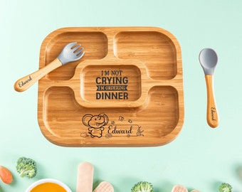 Personalized Bamboo Kids Dinner Set: Toddler Plate, Bowl & Cutlery