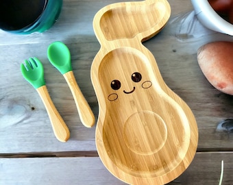 Personalized Bamboo Kids Dinner Set: Avocado Plate, Bowl & Cutlery