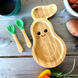 Personalized Bamboo Kids Dinner Set: Avocado Plate, Bowl & Cutlery