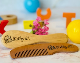 Personalized Baby Hairbrush and Comb Set: Bamboo Wooden Gift