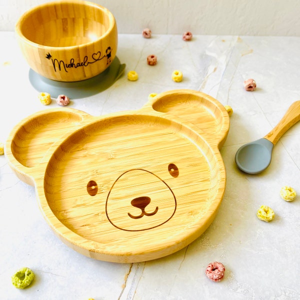 Personalised Children Dinner Set | Bamboo Plate, Bowl and Cutlery | Stay Put Plate | Baby Dishes | Baby's first Christmas Gift