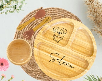 Personalized Bamboo Baby Weaning Set: Suction Plate, Bowl & Cutlery
