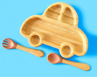 Personalized Bamboo Baby Feeding Set | Car Plate with Suction