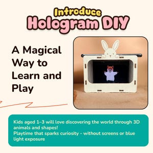 Könnte beinhalten: Ein hölzernes Hologramm-DIY-Kit mit einem hasenförmigen Aufsatz. Das Kit zeigt ein 3D-Bild eines Fuchses. Auf dem Bild steht "Introduce Hologram DIY" und "A Magical Way to Learn and Play."
