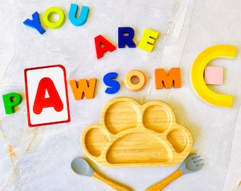 Personalized Bamboo Baby Dinner Set: Paw Plate, Bowl & Spoon