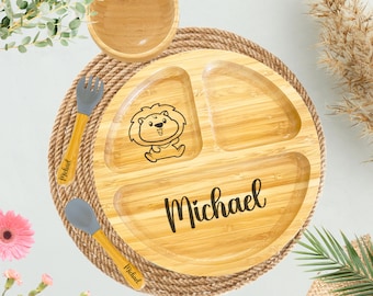 Personalized Bamboo Baby Weaning Set: Suction Plate, Bowl & Cutlery