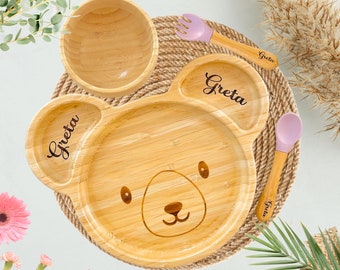 Personalisierte Bambus Weaning Set, Benutzerdefinierte Baby Teller für Kleinkind Baby Kinder, Baby Fütterung Set mit Name, Babypartygeschenk, Erstes Weihnachtsgeschenk