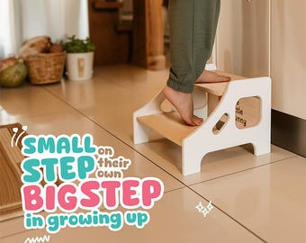 Wooden Toddler Step Stool | Eco-Friendly Kids Furniture | Two-Step Kitchen & Bathroom Stool | Montessori Inspired